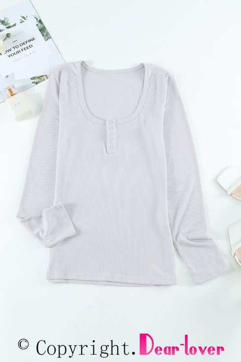 U Neck Button Knit Long Sleeve Top